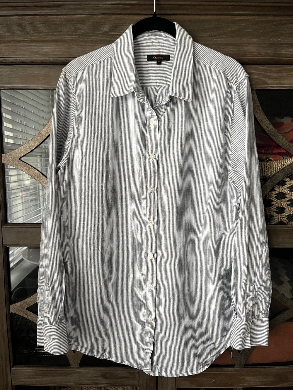 Quince Blue and White LINEN Pinstripe Women's Button-Down Shirt